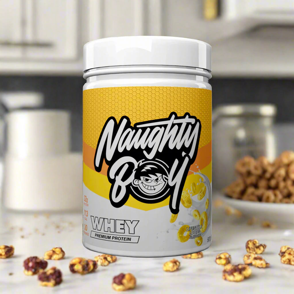Tub of Advanced Protein Whey from Naughty Boy in the flavour Lifestyle Loops