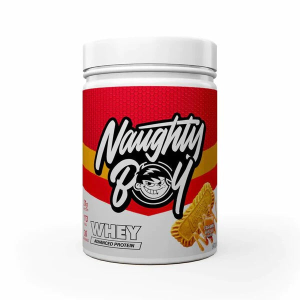 Tub of Advanced Protein Whey from Naughty Boy in the flavour Caramel Biscuit