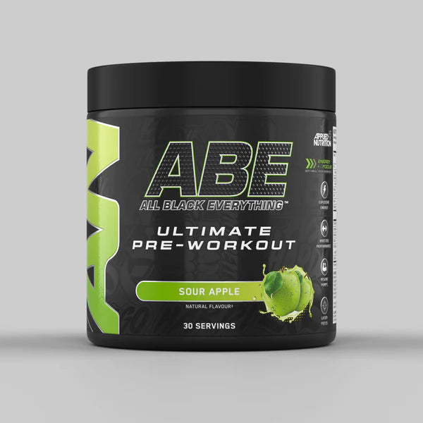 Tub of ABE Ultimate Pre-Workout from Applied Nutrition in the flavour Sour Apple