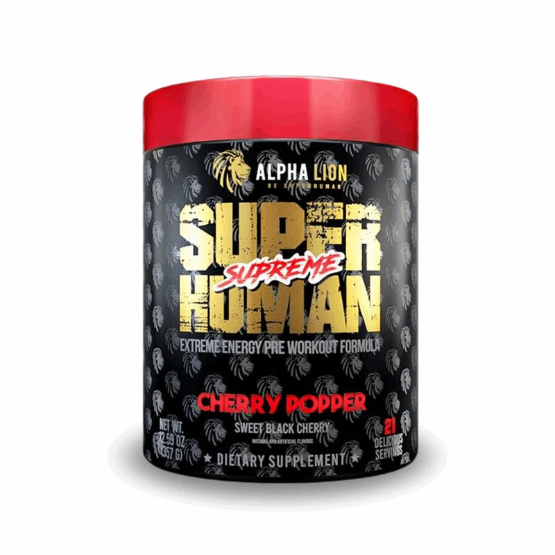 Tub Of Super Human Extreme Pre Workout From Alpha Lion in the Flavour Cherry Popper