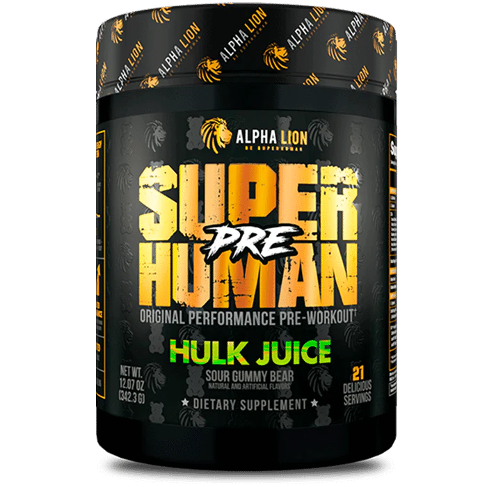 Tub Of Super Human Pre Workout From Alpha Lion in the Flavour Hulk Juice