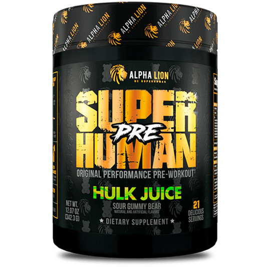 Tub Of Super Human Pre Workout From Alpha Lion in the Flavour Hulk Juice