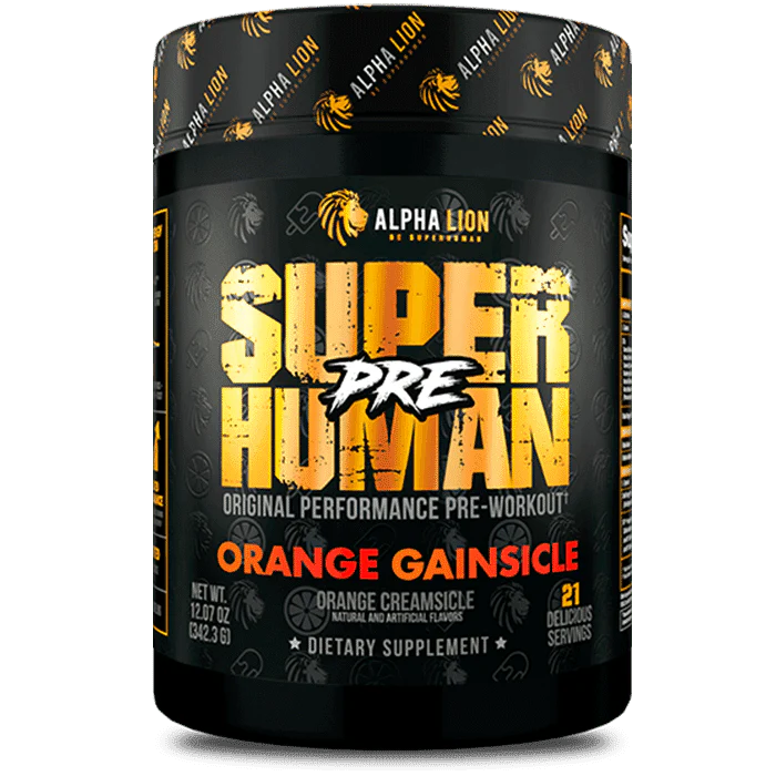 Tub Of Super Human Pre Workout From Alpha Lion in the Flavour Orange Gainsicle