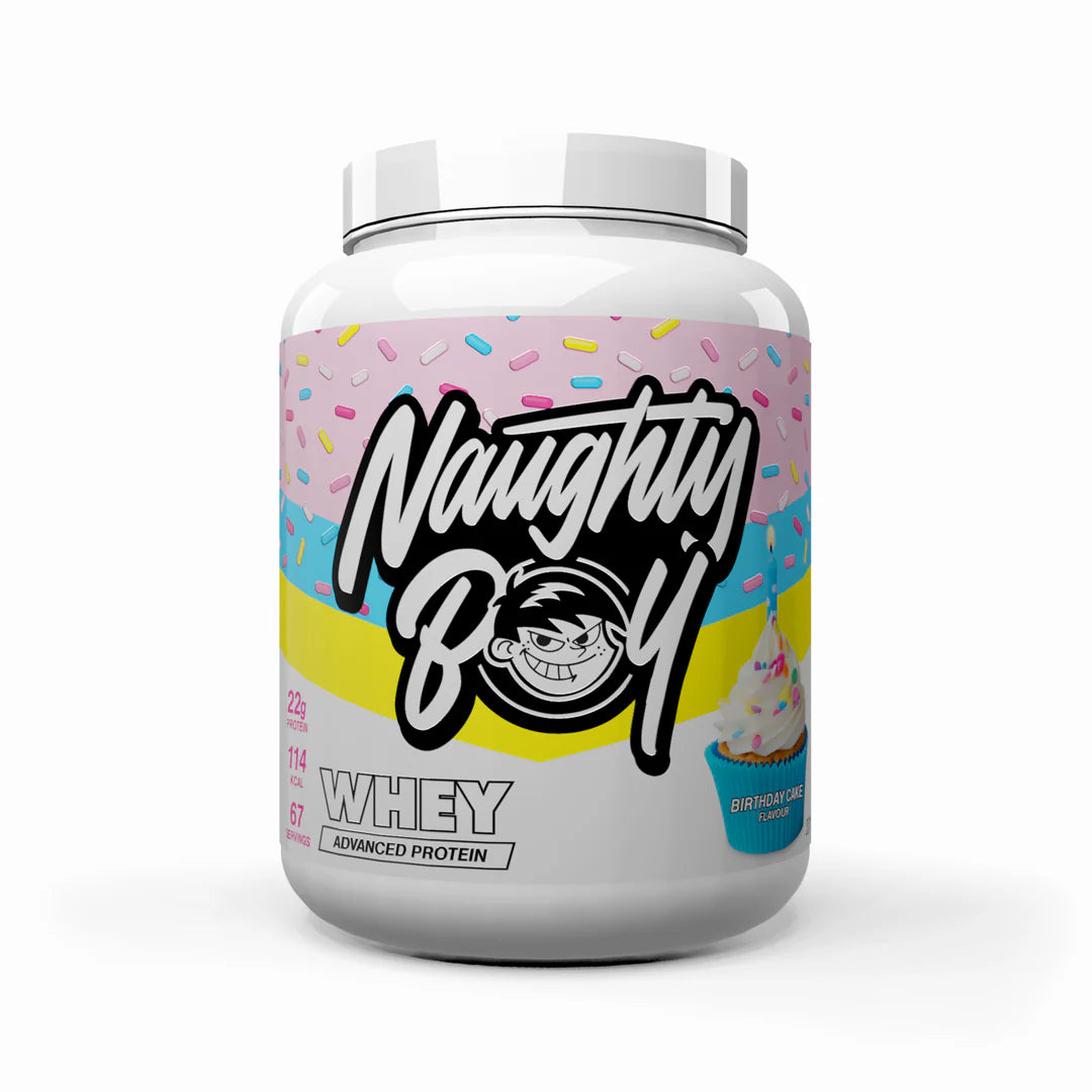 Tub of Advanced Protein Whey weighing 2kg from Naughty Boy in the flavour Birthday Cake