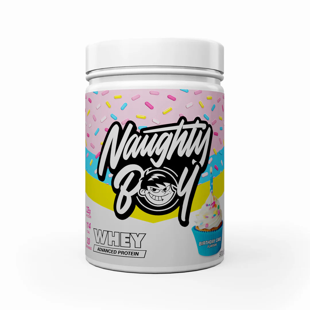 Tub of  Advanced Protein Whey from Naughty Boy in the flavour Birthday Cake