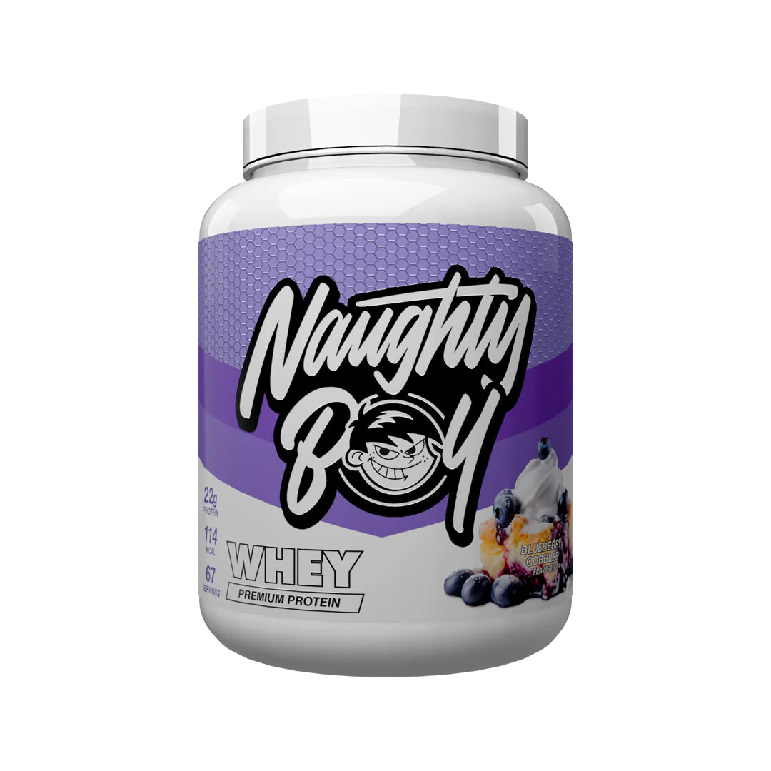 Tub of Advanced Protein Whey weighing 2kg from Naughty Boy in the flavour Blueberry cobbler