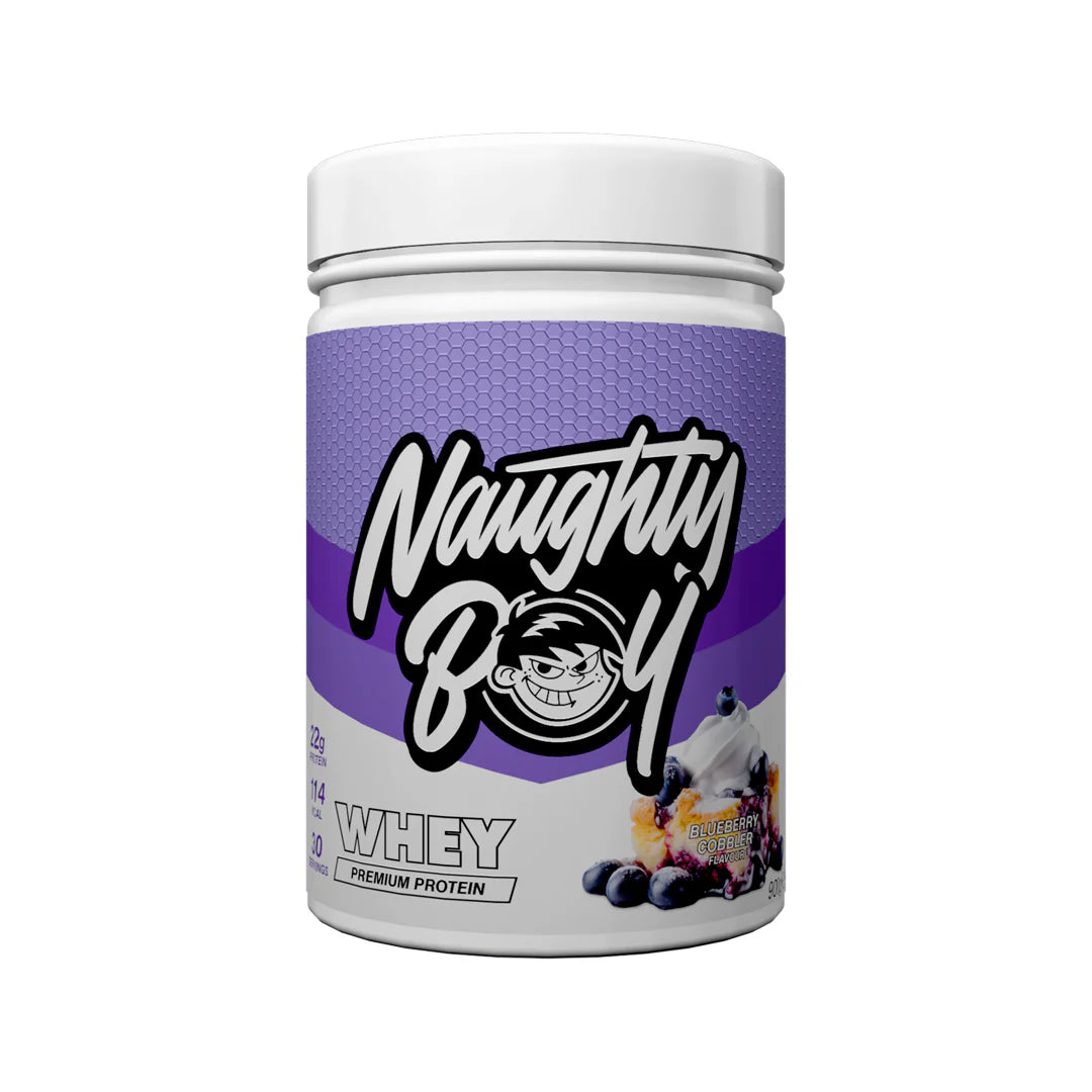 Tub of  Advanced Protein Whey from Naughty Boy in the flavour Blueberry Cobbler