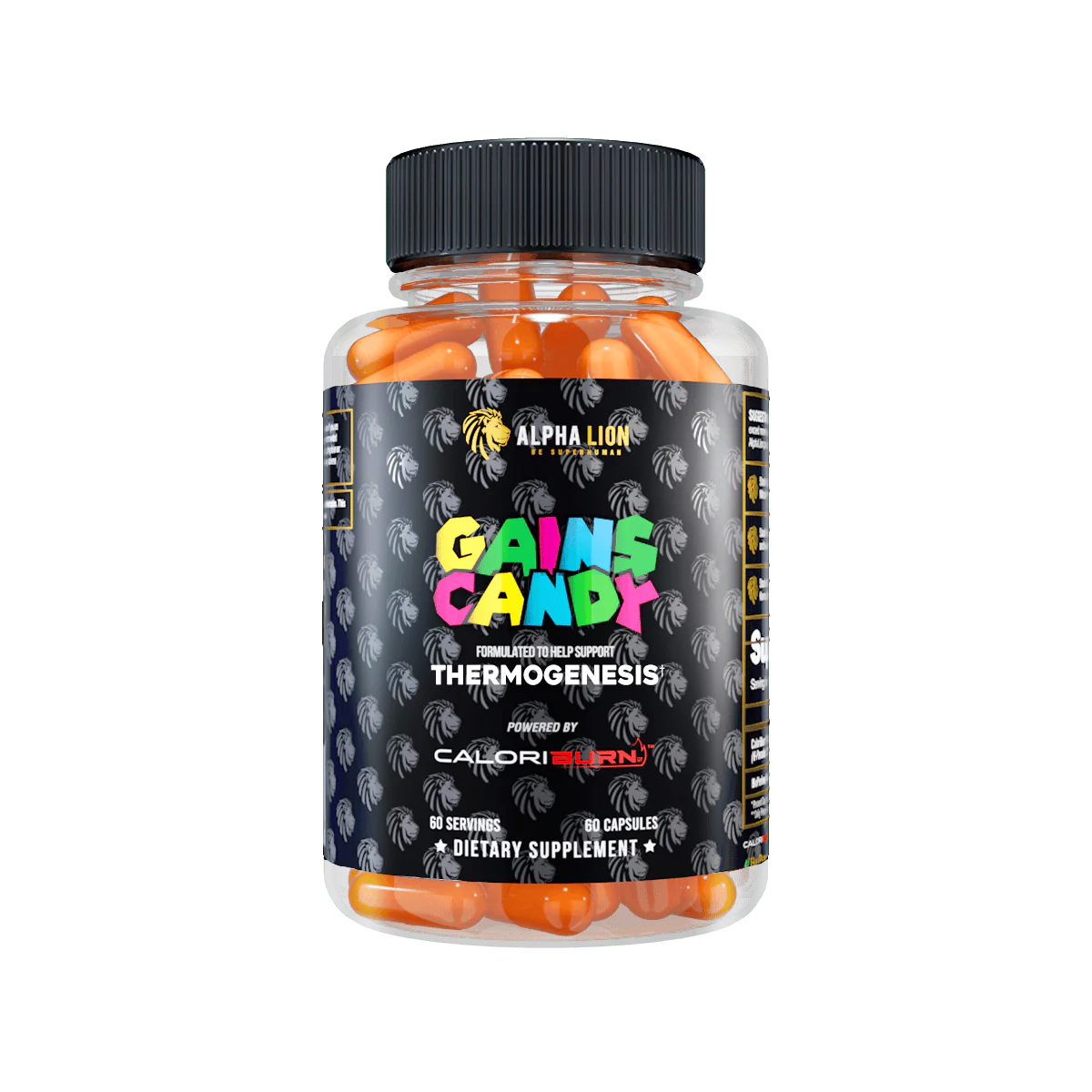 Bottle of Fat Burning Capsules from Alpha Lion Branded Gains Candy