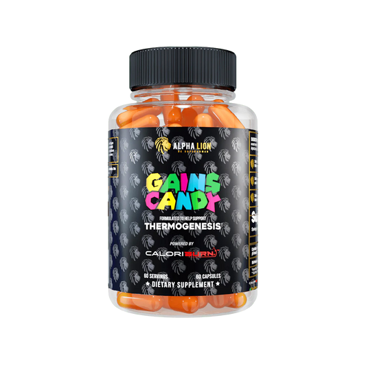 Bottle of Fat Burning Capsules from Alpha Lion Branded Gains Candy