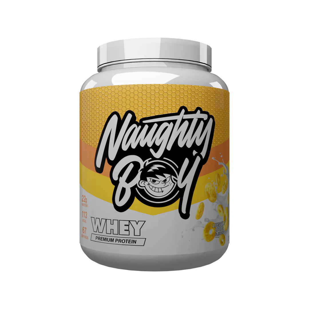 Tub of Advanced Protein Whey weighing 2kg from Naughty Boy in the flavour Lifestyle Loops