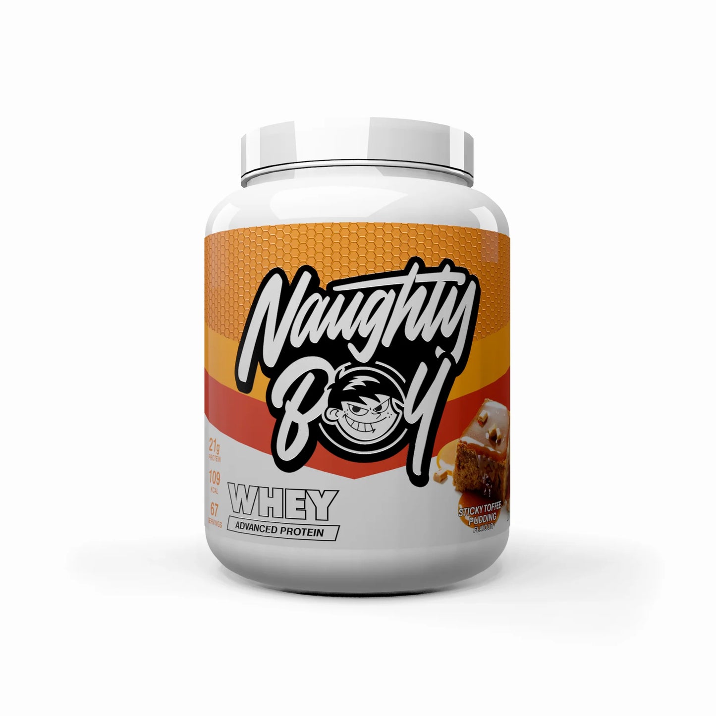 Tub of Advanced Protein Whey weighing 2kg from Naughty Boy in the flavour Sticky Toffee Pudding