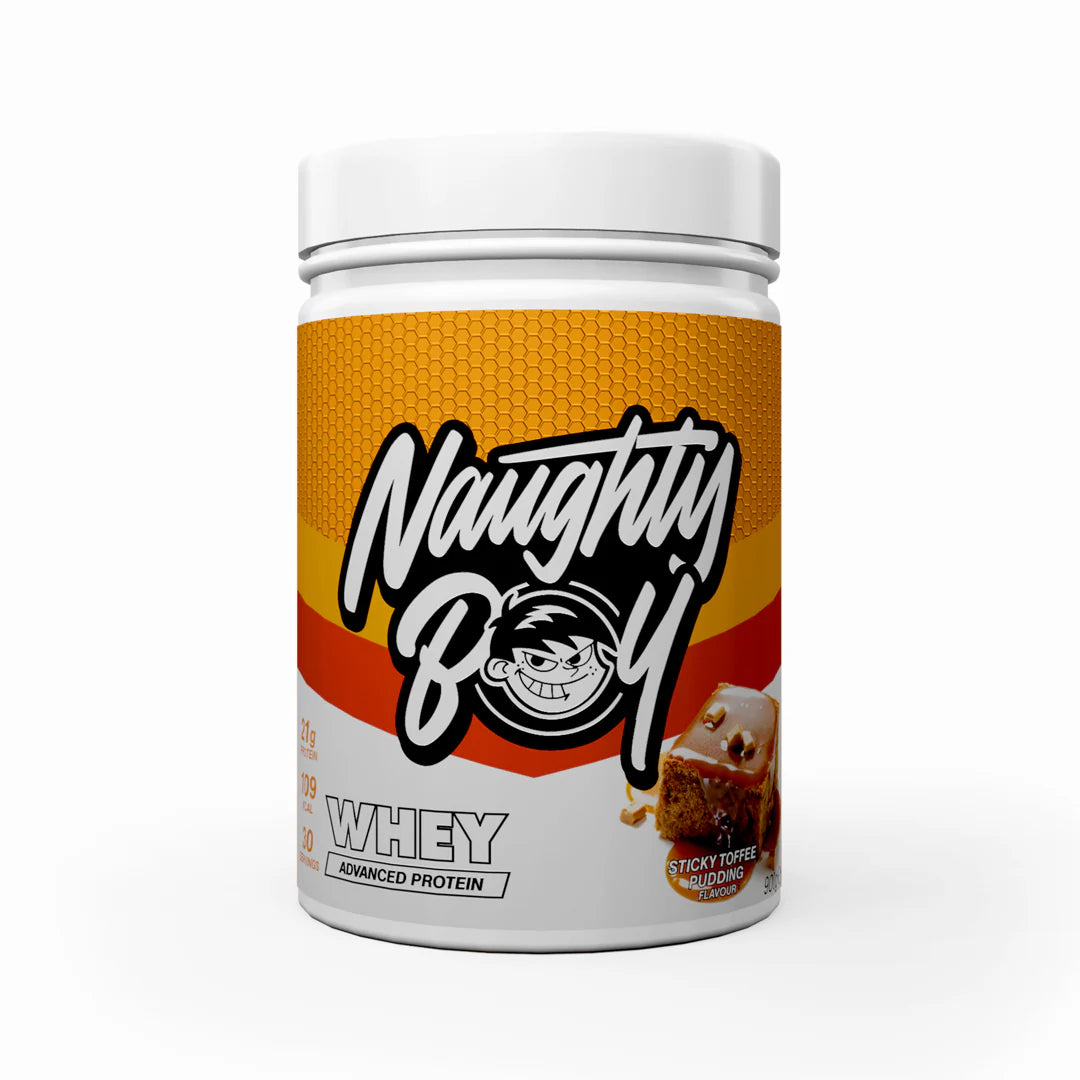 Tub of  Advanced Protein Whey from Naughty Boy in the flavour Sticky Toffee Pudding