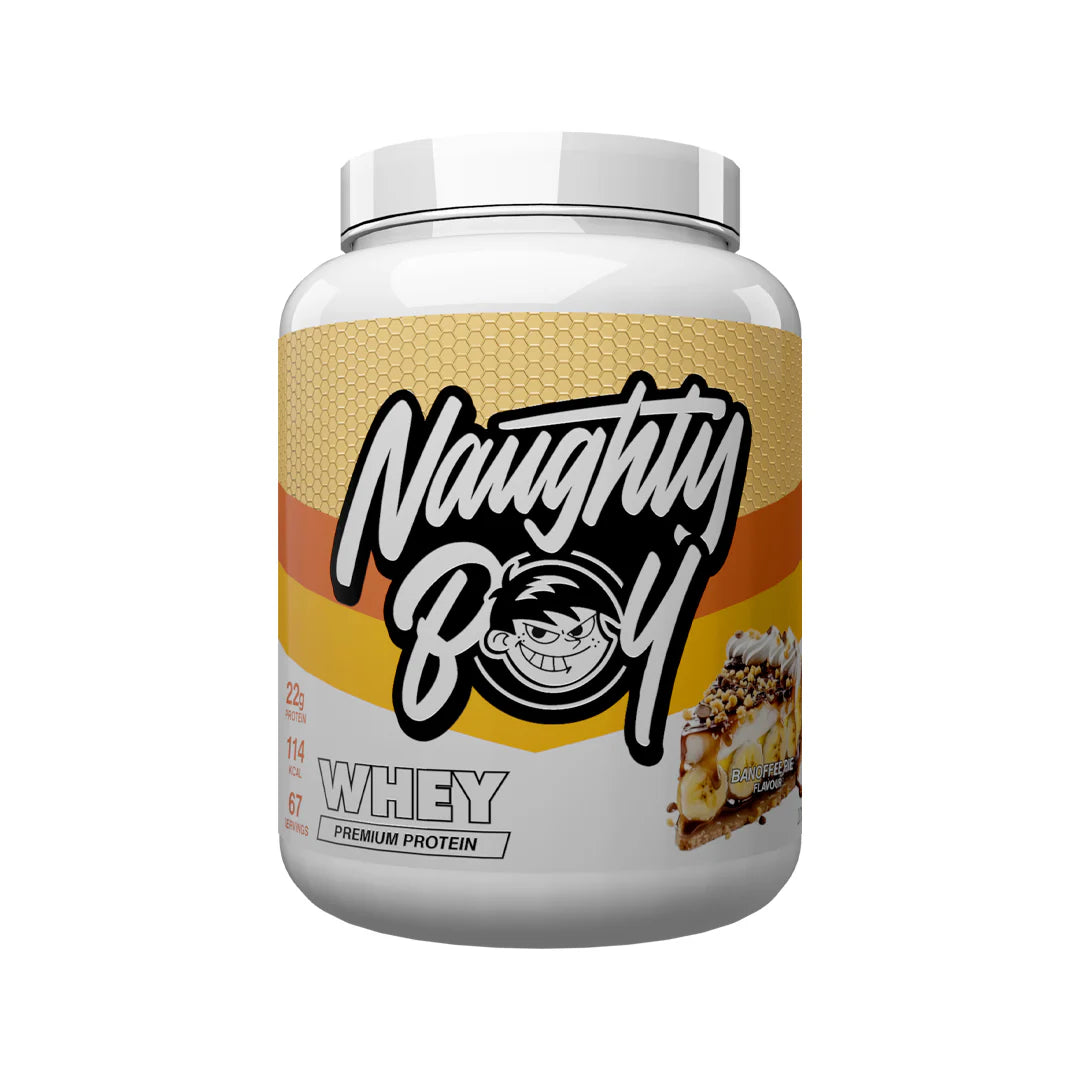 Tub of Advanced Protein Whey weighing 2kg from Naughty Boy in the flavour Banoffee Pie