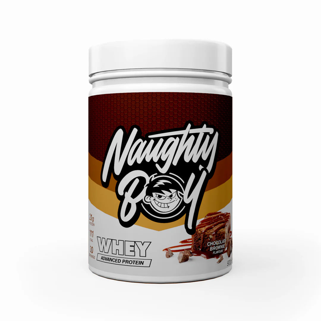 Tub of  Advanced Protein Whey from Naughty Boy in the flavour Chocolate Brownie