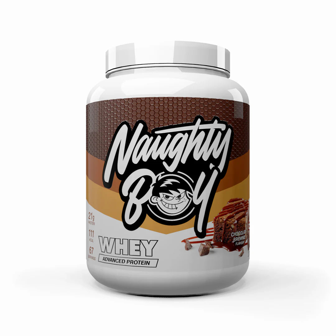 Tub of Advanced Protein Whey weighing 2kg from Naughty Boy in the flavour Chocolate Browine