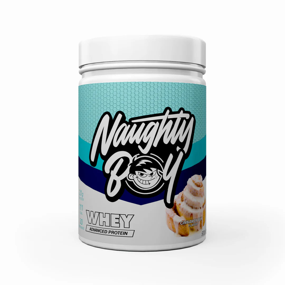 Tub of  Advanced Protein Whey from Naughty Boy in the flavour Cinnamon Bun