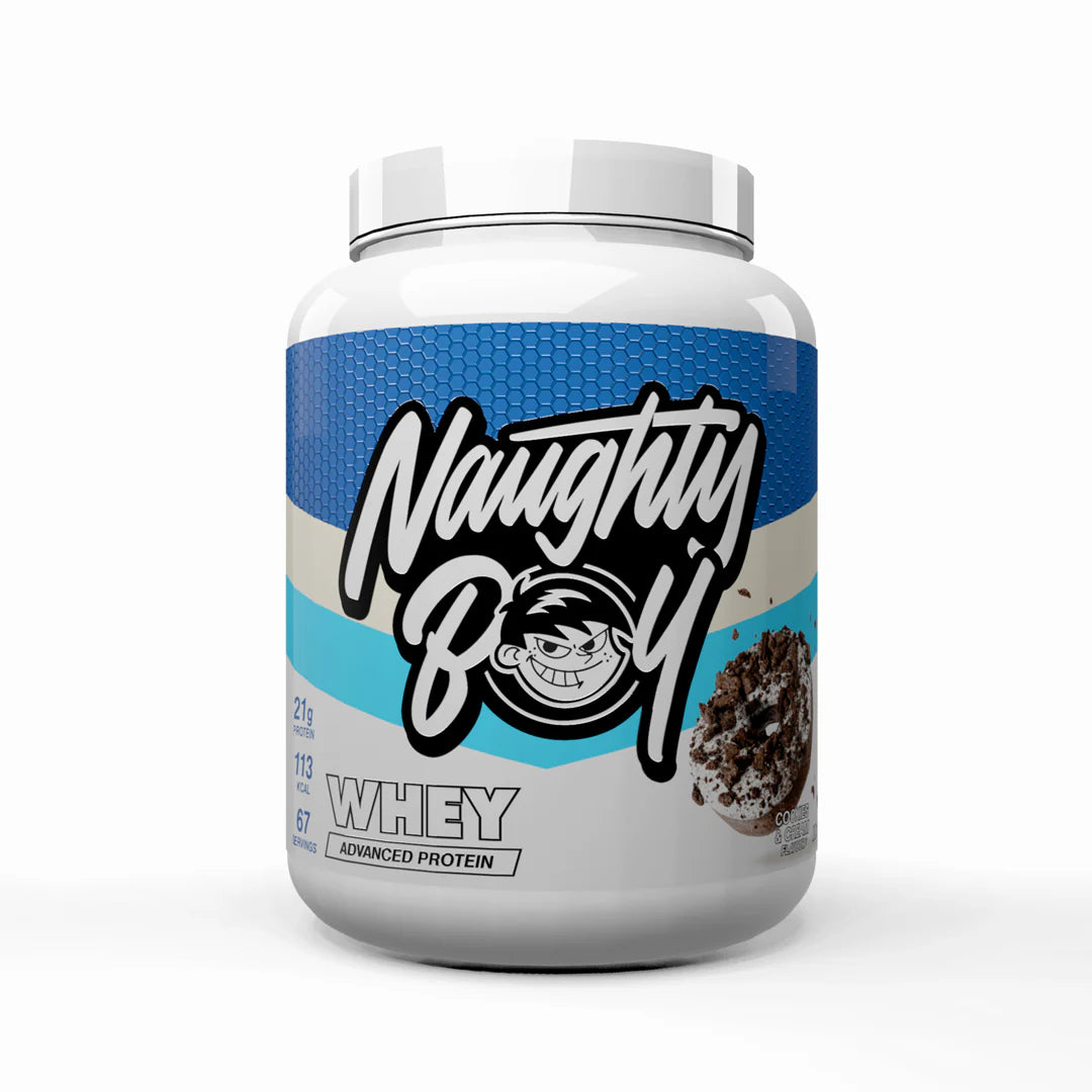 Tub of Advanced Protein Whey weighing 2kg from Naughty Boy in the flavour Cookies And Cream