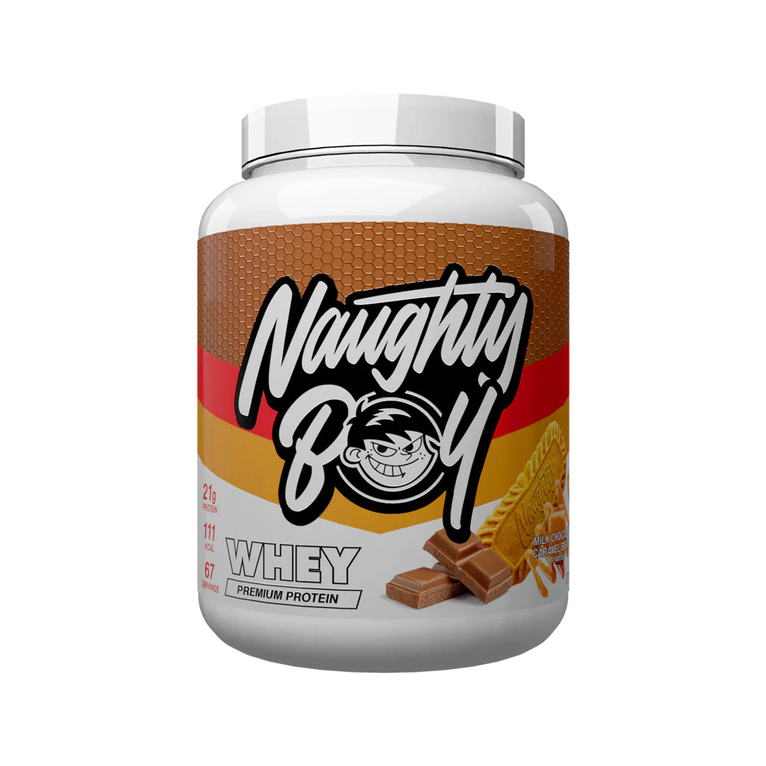 Tub of Advanced Protein Whey weighing 2kg from Naughty Boy in the flavour Milk Chocolate Caramel Biscuit