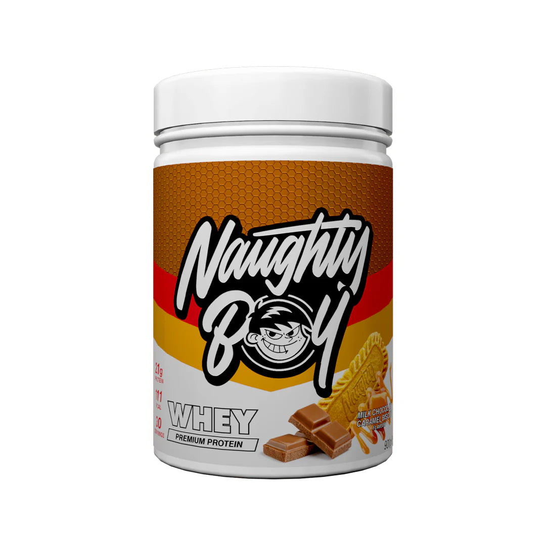 Tub of  Advanced Protein Whey from Naughty Boy in the flavour Milk Chocolate Caramel Biscuit