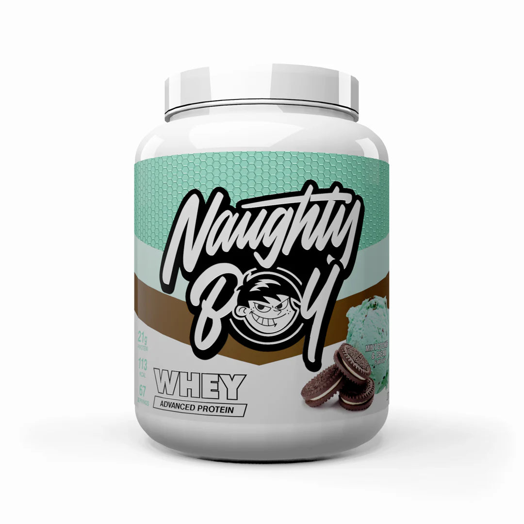 Tub of Advanced Protein Whey weighing 2kg from Naughty Boy in the flavour Mint Cookies And Cream