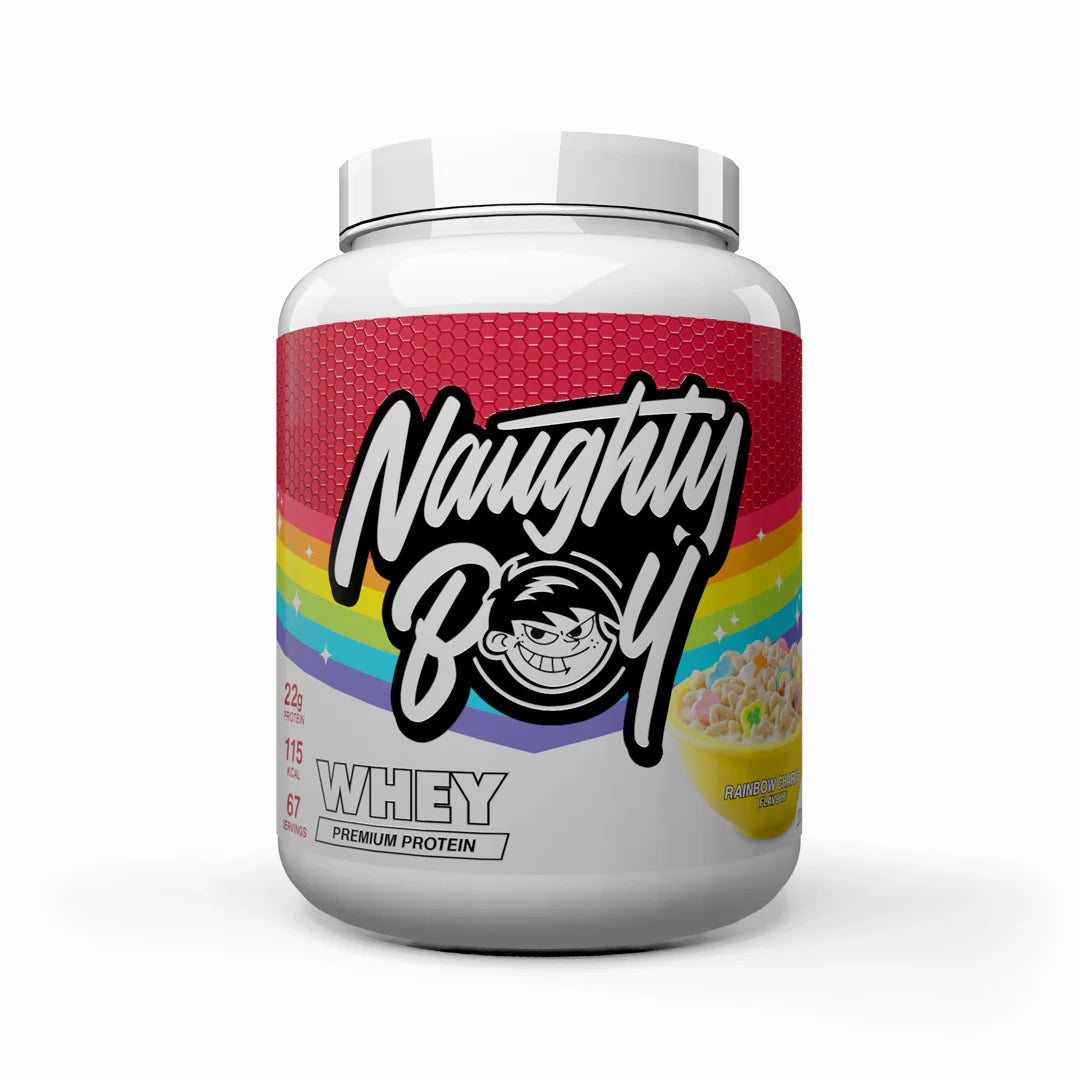 Tub of Advanced Protein Whey weighing 2kg from Naughty Boy in the flavour Rainbow Charms