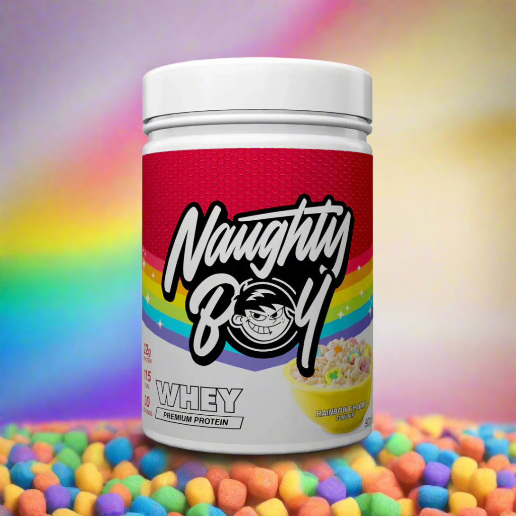 Tub of  Advanced Protein Whey from Naughty Boy in the flavour Rainbow Charms