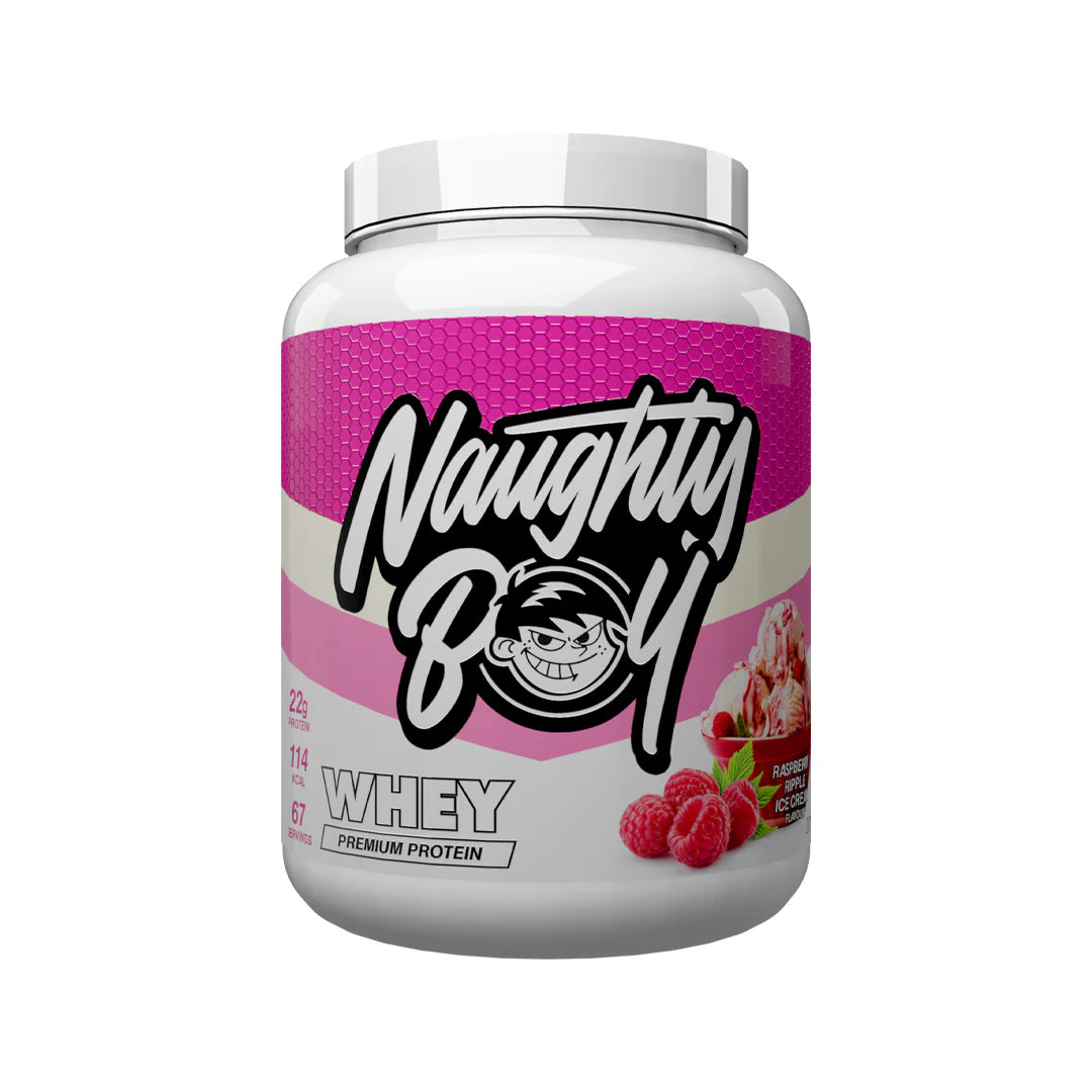 Tub of Advanced Protein Whey weighing 2kg from Naughty Boy in the flavour  Raspberry Pie