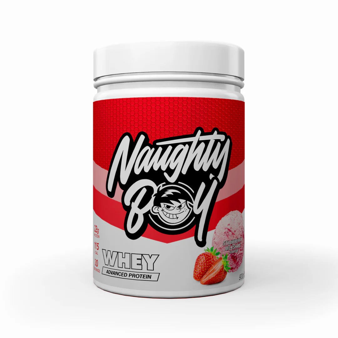 Tub of  Advanced Protein Whey from Naughty Boy in the flavour Strawberry Milkshake