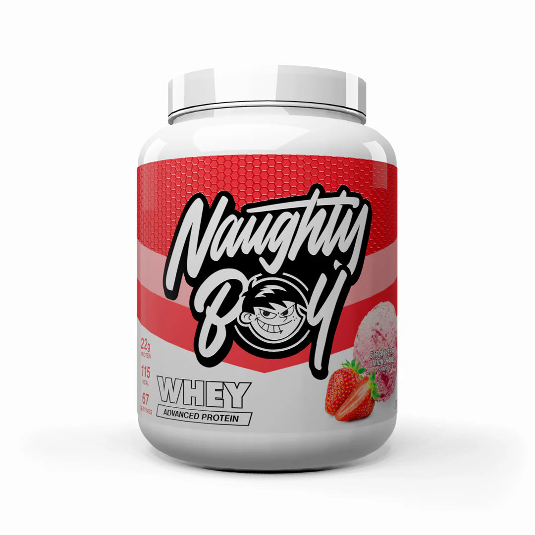 Tub of Advanced Protein Whey weighing 2kg from Naughty Boy in the flavour Strawberry Milkshake