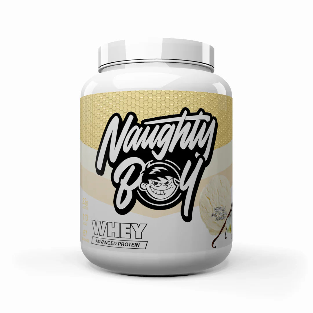 Tub of Advanced Protein Whey weighing 2kg from Naughty Boy in the flavour Vanilla Ice Cream