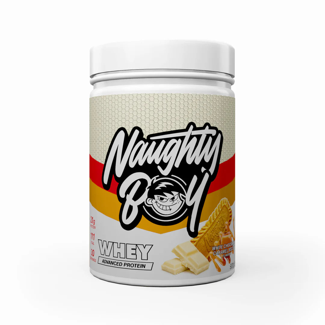 Tub of  Advanced Protein Whey from Naughty Boy in the flavour White Chocolate Caramel Bisucuit