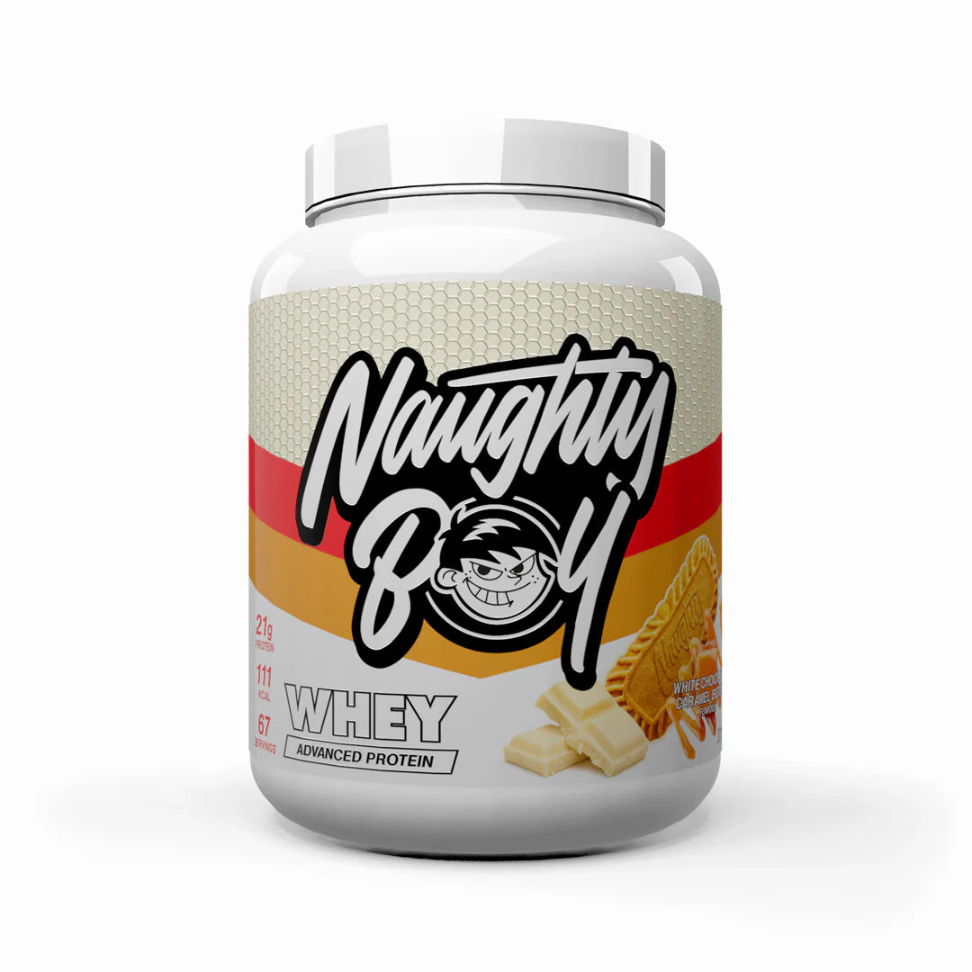 Tub of Advanced Protein Whey weighing 2kg from Naughty Boy in the flavour White Chocolate Caramel biscuit