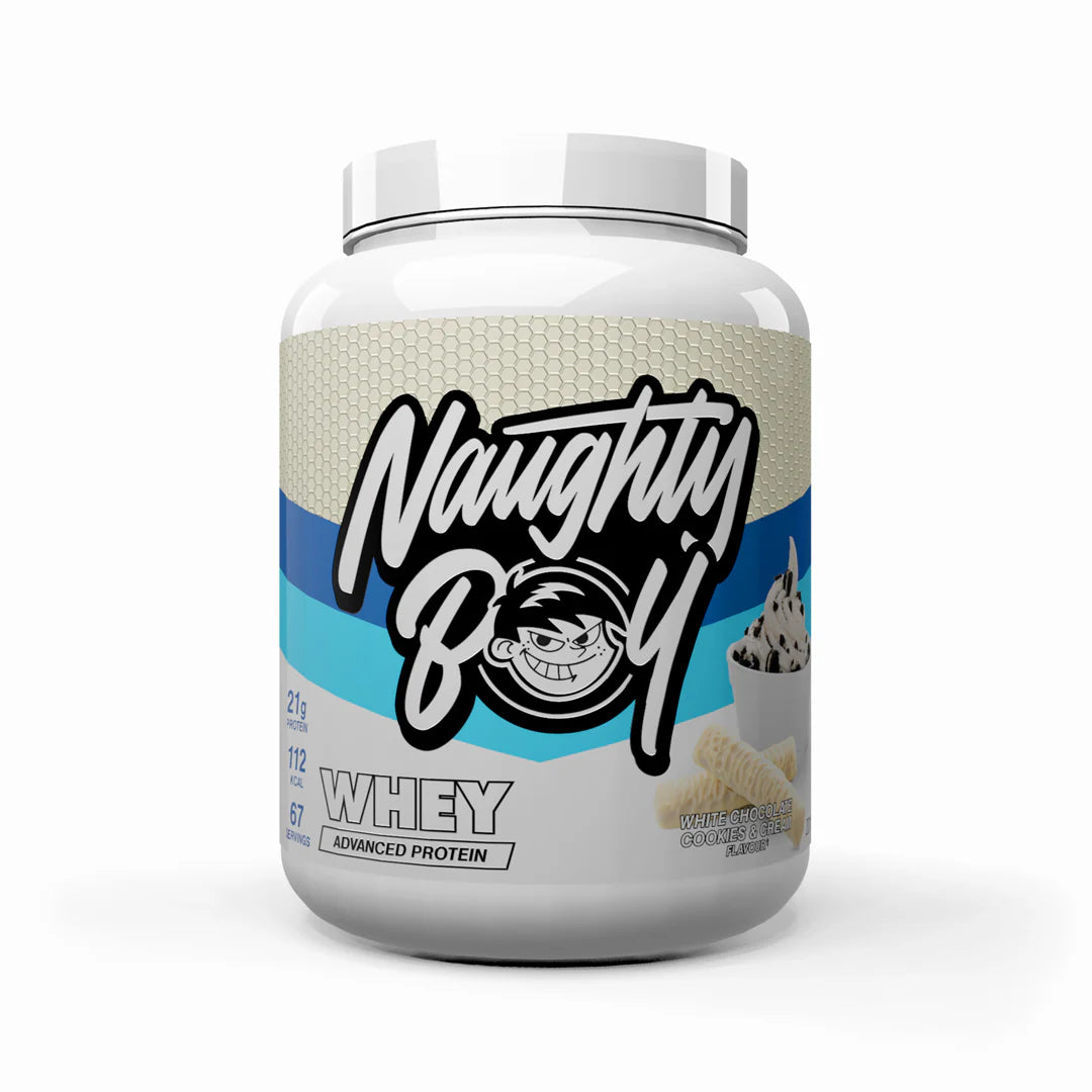 Tub of Advanced Protein Whey weighing 2kg from Naughty Boy in the flavour White Chocolate Cookies and Cream