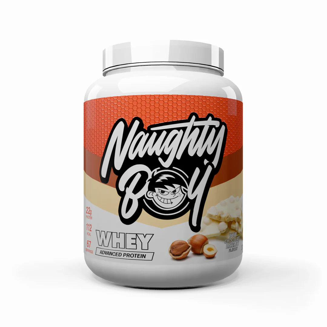 Tub of Advanced Protein Whey weighing 2kg from Naughty Boy in the flavour White Chocolate Hazelnut