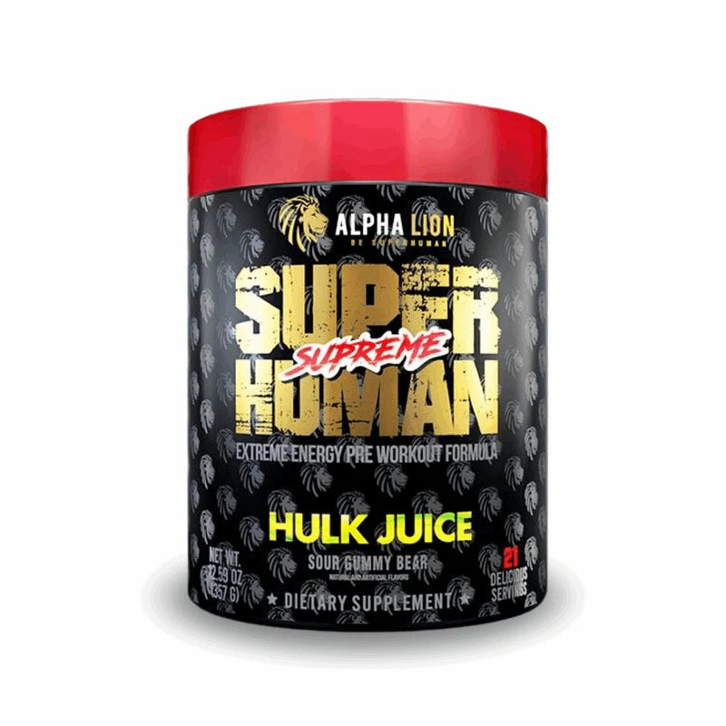 Tub Of Super Human Pre Workout From Alpha Lion in the Flavour Hulk Juice