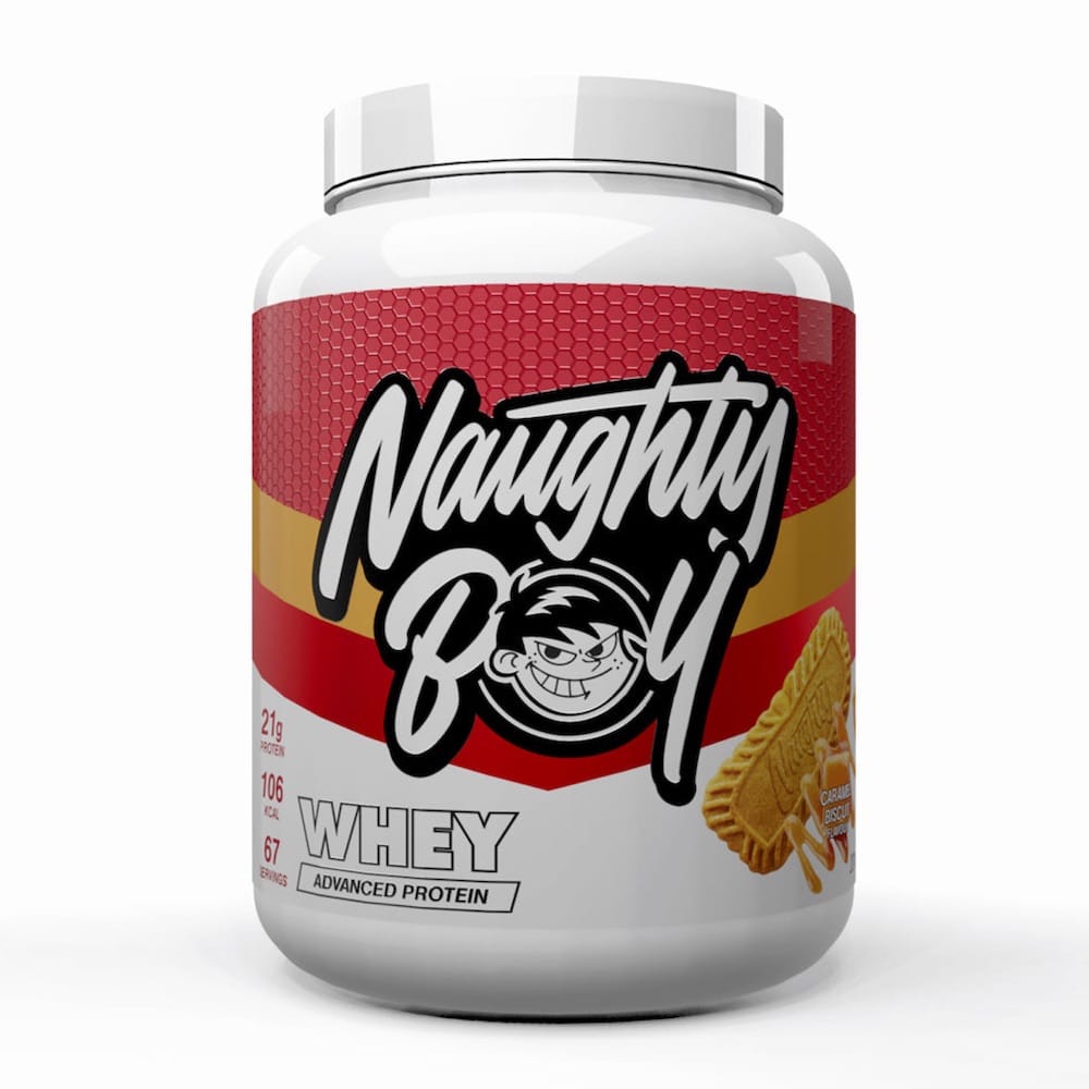 Tub of Advanced Protein Whey weighing 2kg from Naughty Boy in the flavour Caramel Biscuit